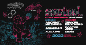 A bear sitting in a field of mushrooms, plants, and fish. In the night sky there is a ringed planet, the number 8, two squid, and several starfish with eyes in their tummies. Sorted 8 year anniversary party details are listed, including the lineup and event dates.