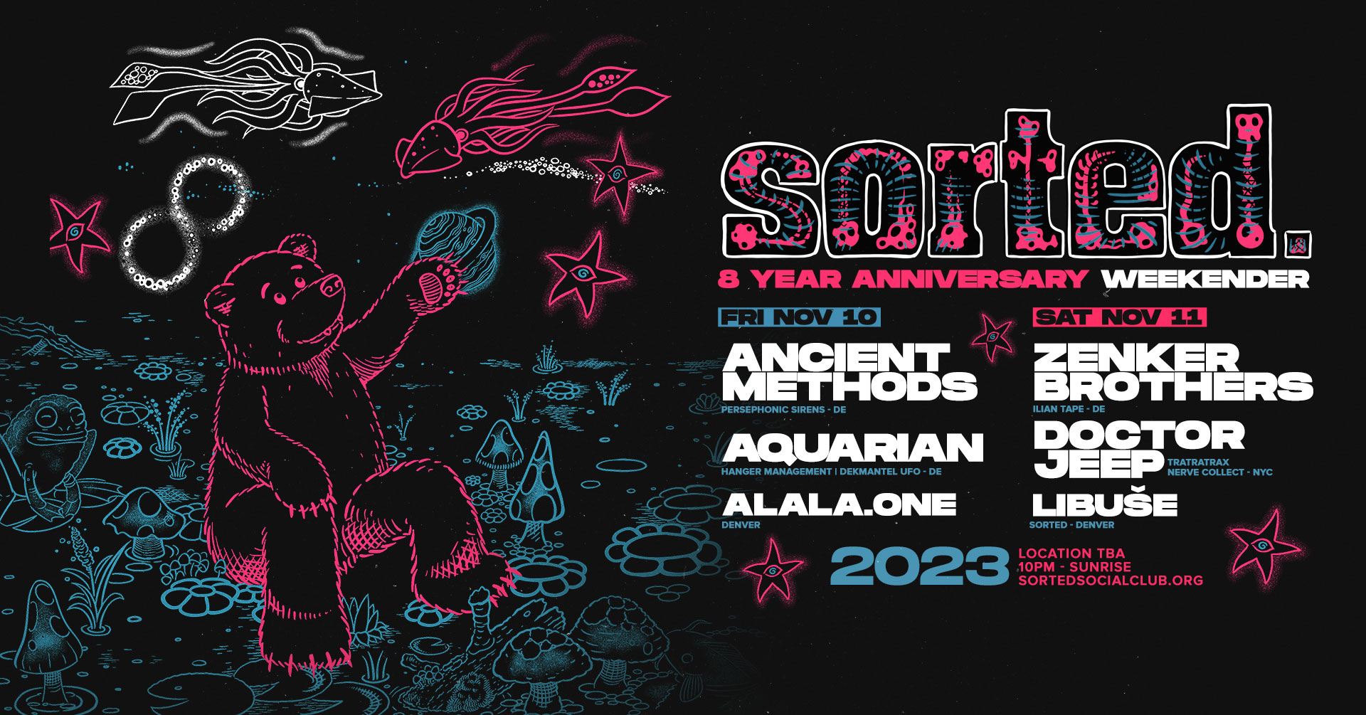 A bear sitting in a field of mushrooms, plants, and fish. In the night sky there is a ringed planet, the number 8, two squid, and several starfish with eyes in their tummies. Sorted 8 year anniversary party details are listed, including the lineup and event dates.